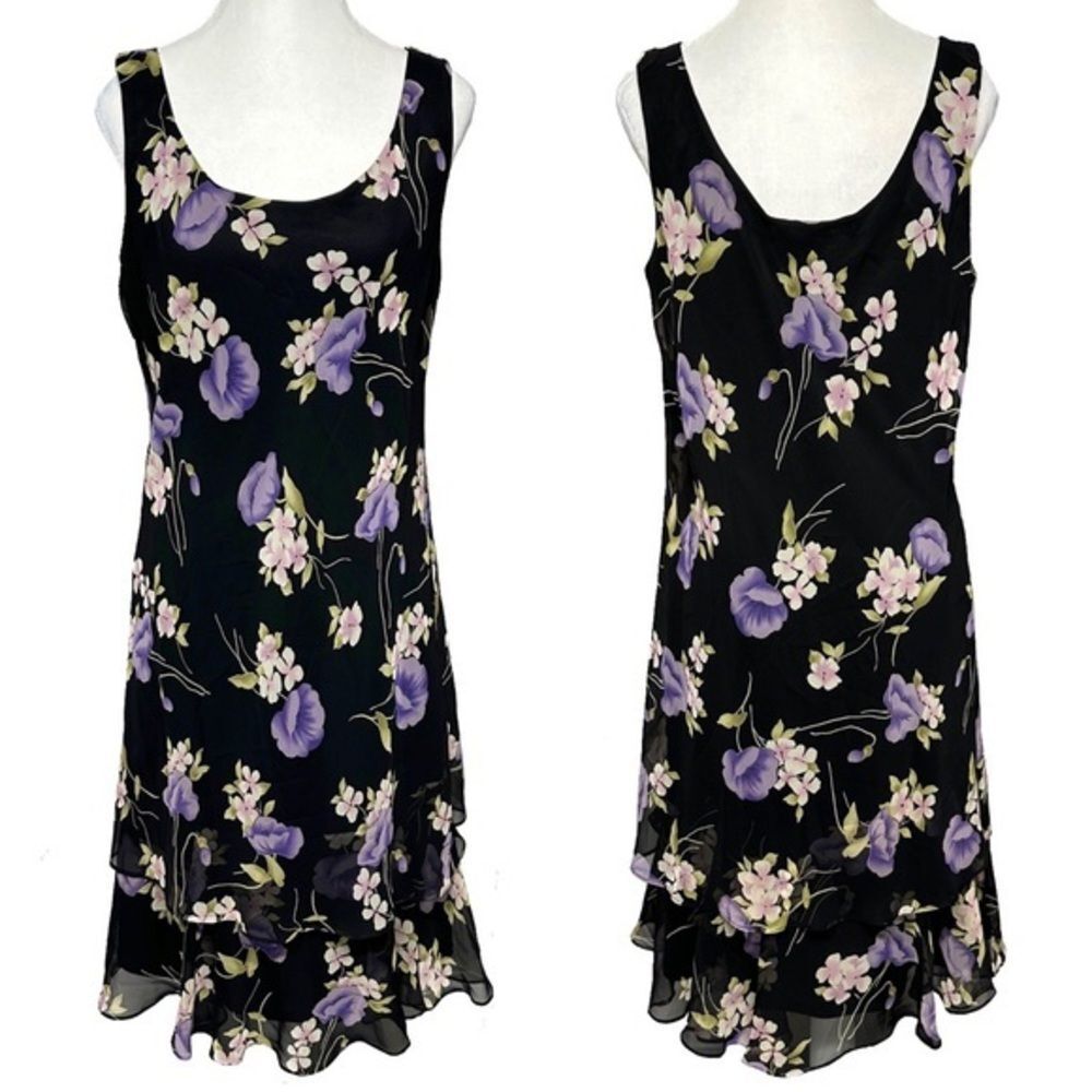Vintage 90s JBS Black Floral Chiffon Layered Dress Fairycore Whimsigoth Size 12